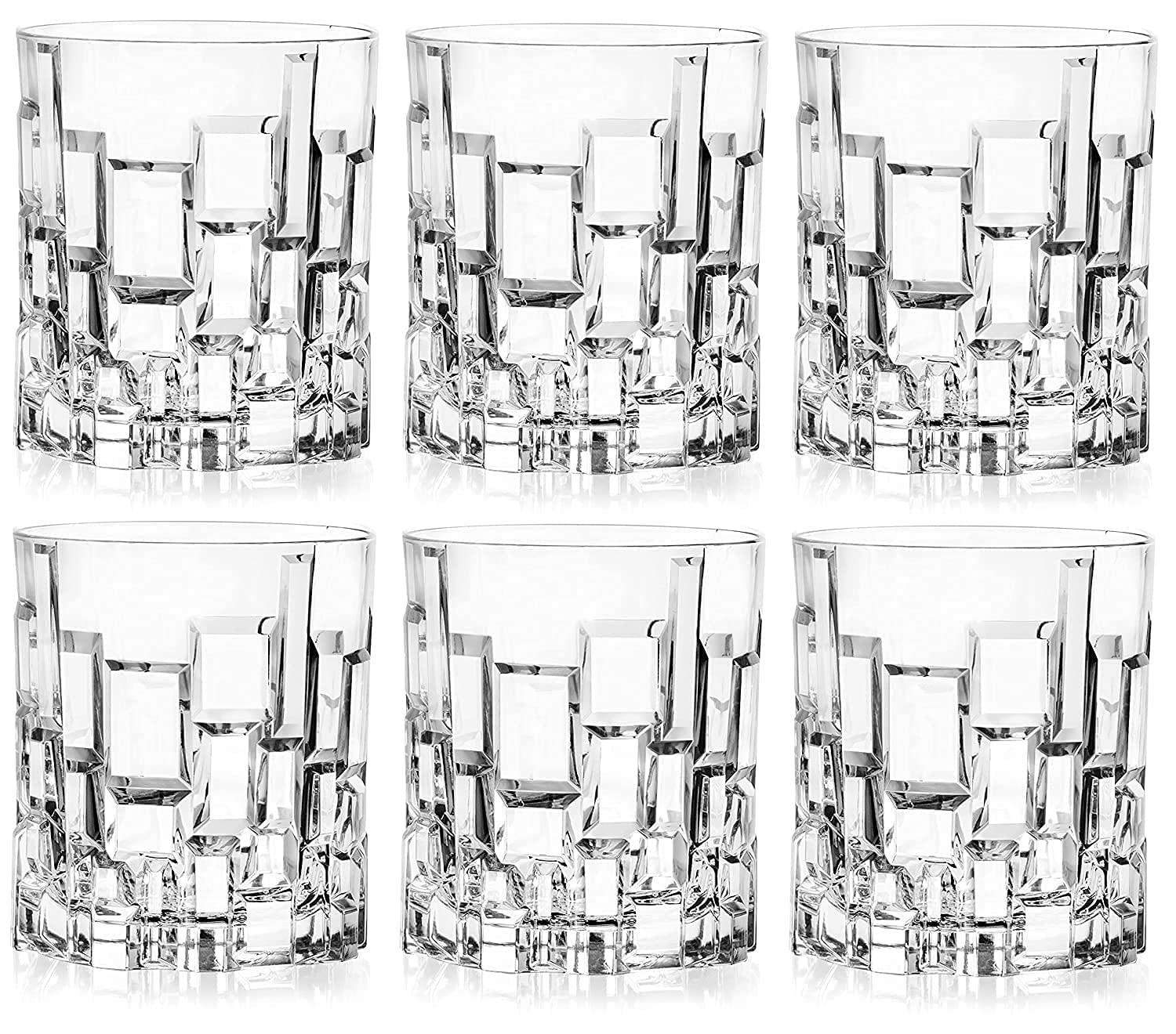 Set of six geometric crystal whiskey glasses with textured square design in rows