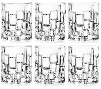 Set of six geometric crystal whiskey glasses with textured square design in rows