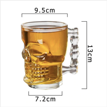 Side view of Skull Beer Mug with glass handles and skull features.
